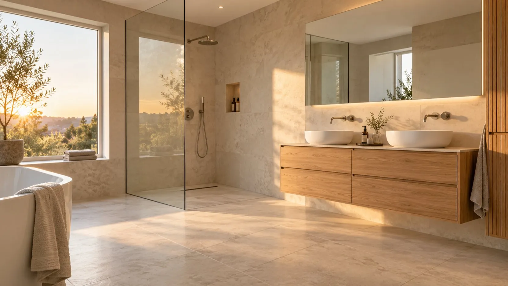 Helles Bad mit Walk-in-Dusche, Doppelwaschtisch aus Holz und Badewanne