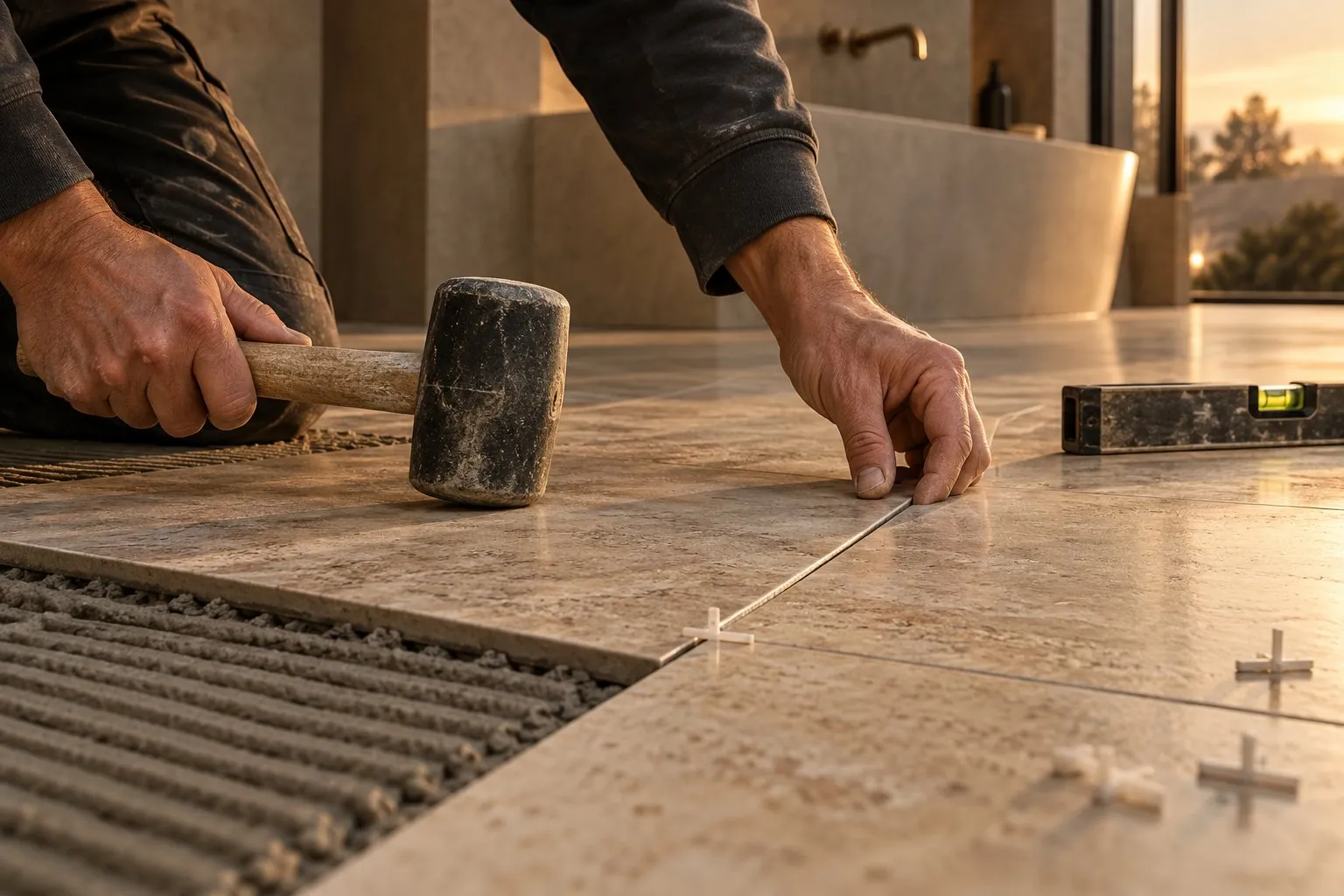 Handwerker setzt Bodenfliesen mit Gummihammer und Wasserwaage