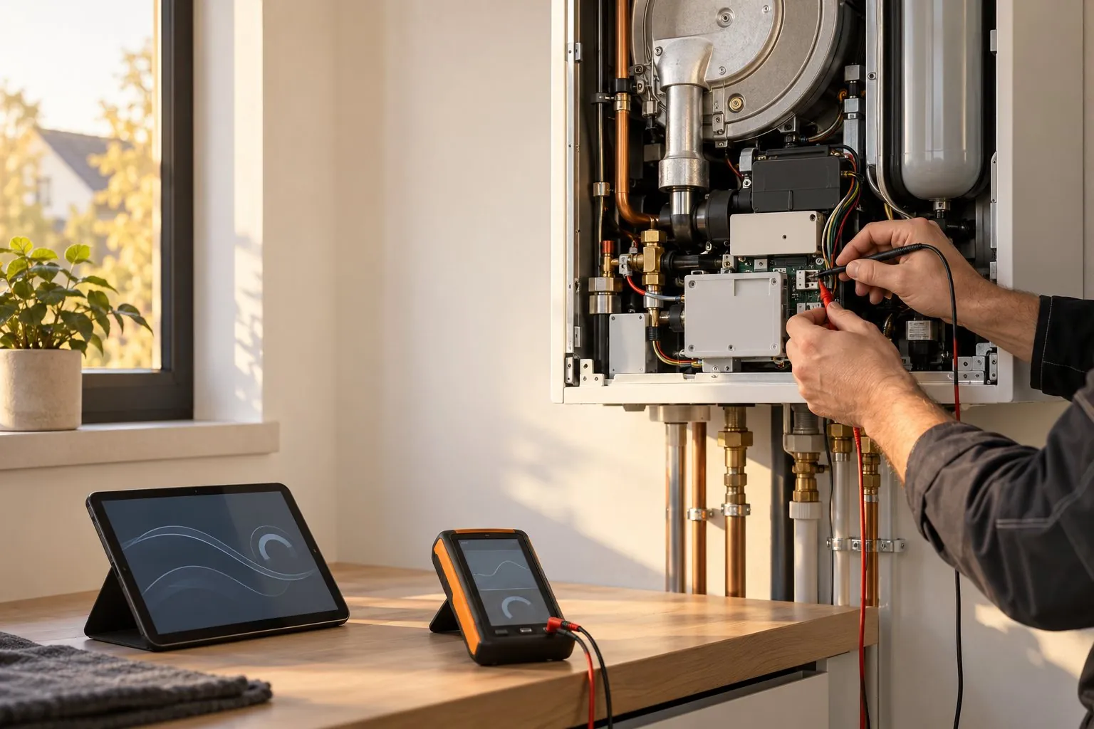Monteur prüft eine Gastherme mit Messgerät, daneben ein Tablet